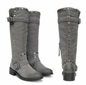 SAM EDELMAN DEYRYN GREY SUEDE STUDDED BOOTS